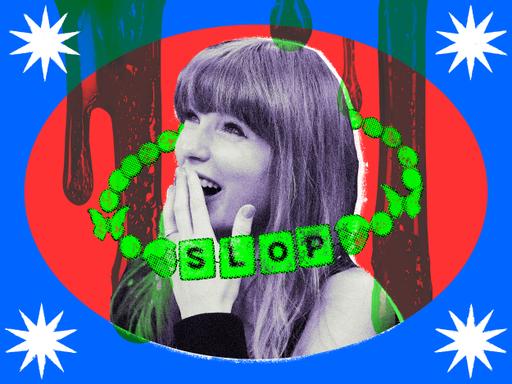 Taylor Swift lächelt und hält sich die Hand vor den Mund. Die Collage zeigt tropfenden grünen Schleim, Sterne und das Wort „SLOP“ in grünen Buchstaben.