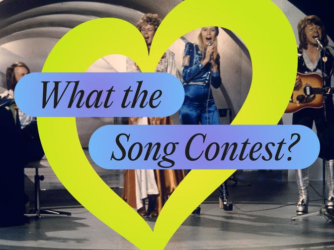 Ein Bild vom Auftritt von Abba beim ESC in 1974 mit dem ESC Herz darüber und dem Text „What the Song Contest?“ in einem blau-lila Farbverlauf.