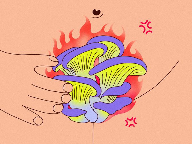 Pilze die aus einem Schambereich herauswachsen, symbolisch für Geschlechtskrankheiten. Die Pilze sind umringt von Flammen, diese symbolisieren das Brennen und Jucken bei diversen Geschlechtskrankheiten.