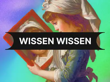 Mädchen betrachtet sich in einem Spiegel, halb verdeckt durch ein schwarzes Banner mit der Aufschrift "WISSEN WISSEN".