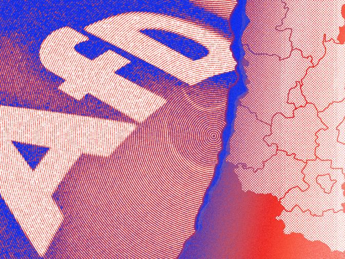 Grafik zeigt das Logo der AfD in blauen und roten Farbtönen, neben einer stilisierten Karte von Sachsen-Anhalt.