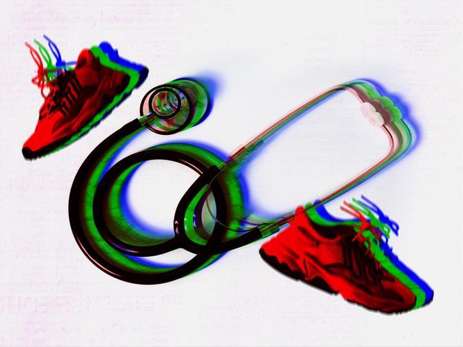 Ein Stethoskop und zwei rote Turnschuhe mit einem Glitch-Effekt auf weißem Hintergrund.