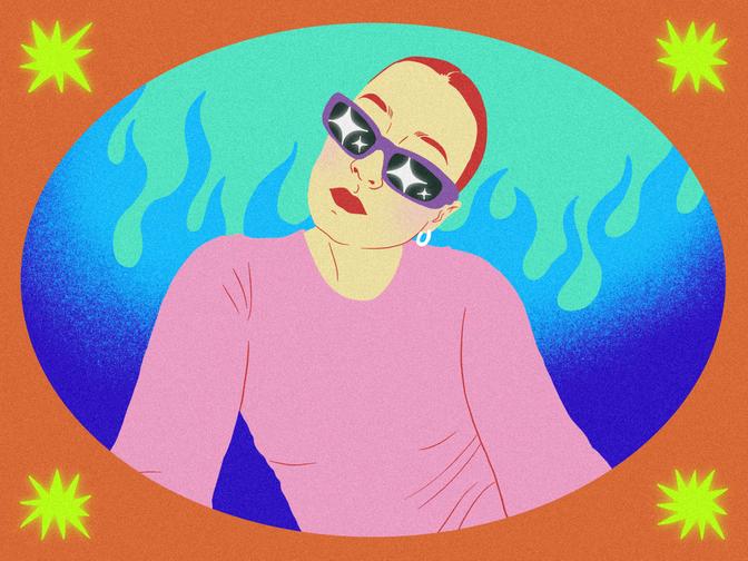 Illustration von Verena Bogner in bunten Farben mit Flammen im Hintergrund und einem Rahmen mit Sternen.