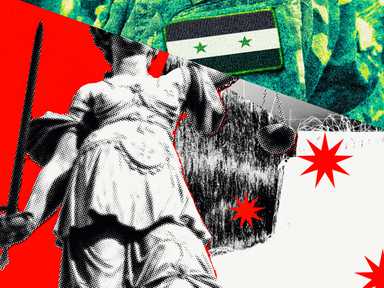 Eine Collage mit einer Statue, die ein Schwert hält, einer syrischen Flagge, Stacheldraht und roten Sternen vor einem abstrakten rot-grünen Hintergrund.