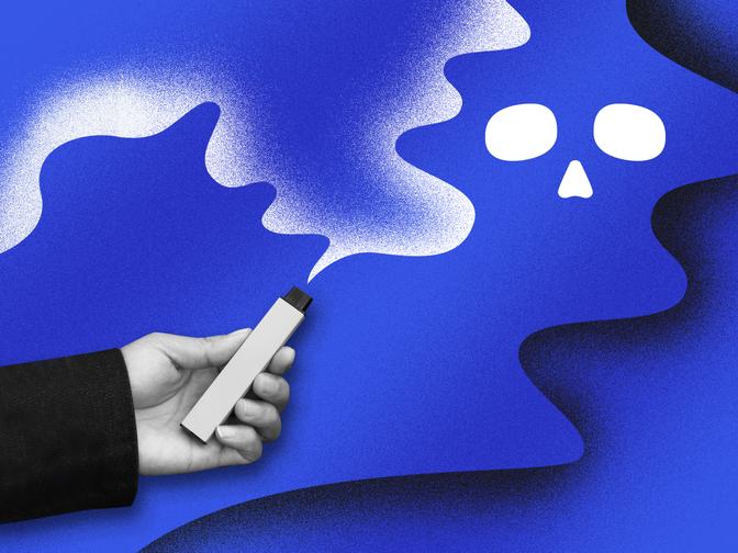 Eine Hand mit einem Vape der eine ungesunde Rauchwolke ausstößt.
