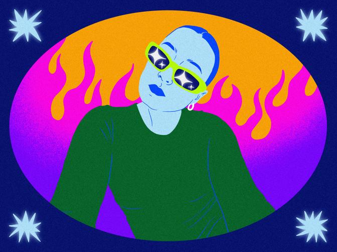 Illustration von Verena Bogner in bunten Farben mit Flammen im Hintergrund und einem Rahmen mit Sternen.