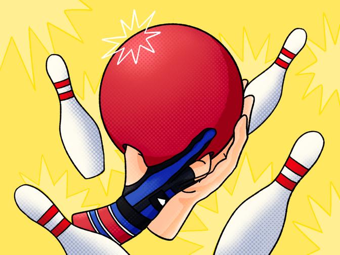 Ein roter Bowlingball wird von einer Hand gehalten, mit Strahlen und umfallenden Kegeln auf gelbem Hintergrund.