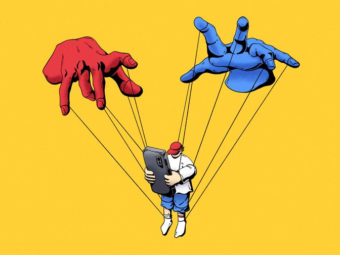 Ein Mensch mit Smartphone als Marionette gesteuert von blauer und roter Hand auf gelbem Hintergrund.