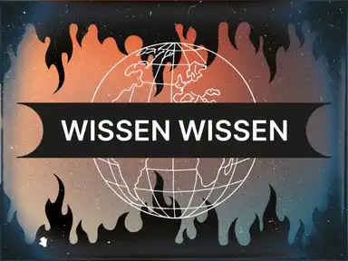 Illustration eines Globus mit Flammen im Hintergrund und dem Text "Wissen Wissen" in der Mitte.