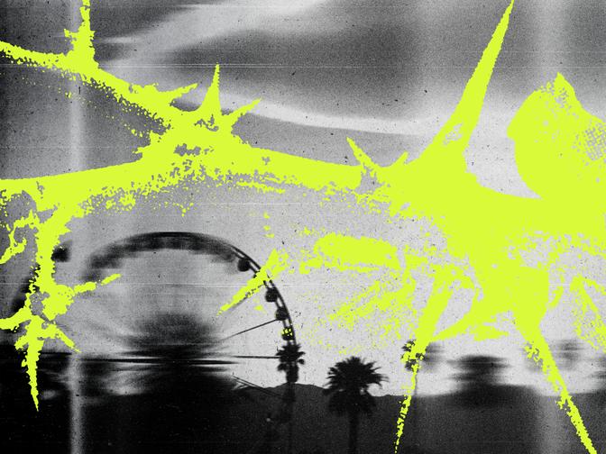 Graustufen Bild von Coachella mit dem Riesenrad und Palmen, darüber eine Abstrakte Dornen Form.