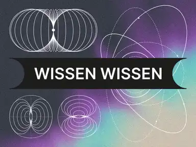 Abstraktes Design mit sich überlappenden weißen geometrischen Mustern auf einem Hintergrund mit Farbverlauf. Zentrales schwarzes Banner mit dem Text „WISSEN WISSEN“.