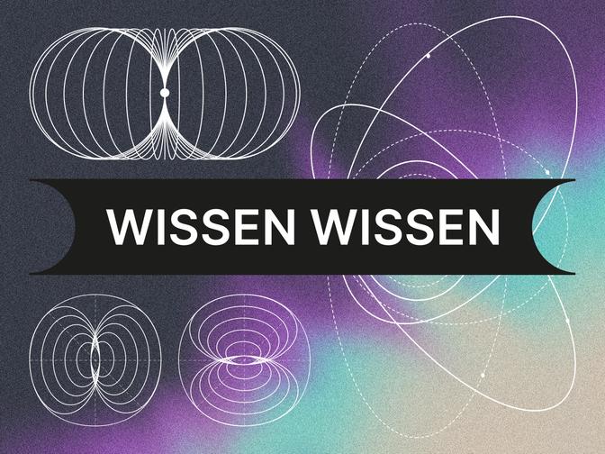 Abstraktes Design mit sich überlappenden weißen geometrischen Mustern auf einem Hintergrund mit Farbverlauf. Zentrales schwarzes Banner mit dem Text „WISSEN WISSEN“.