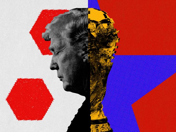 Ein geteiltes Bild, das Trumps Profil und eine goldene Trophäe vor einem rot-blauen geometrischen Hintergrund zeigt.