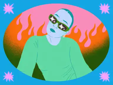 Illustration von Verena Bogner in bunten Farben mit Flammen im Hintergrund und einem Rahmen mit Sternen.