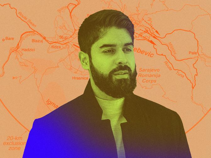 Ein Portrait von Emran: Mann mit Bart und Jacke, überlagert auf einer orangefarbenen Karte mit roten Linien und Namen wie „Sarajevo“ und „Romanija Corps“.
