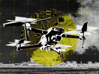 Eine Drohne fliegt vor einem von Krieg zerstörtem Hintergrund mit Schaltkreis-Motiv. Zielkreuz-Hervorhebung im Bild.