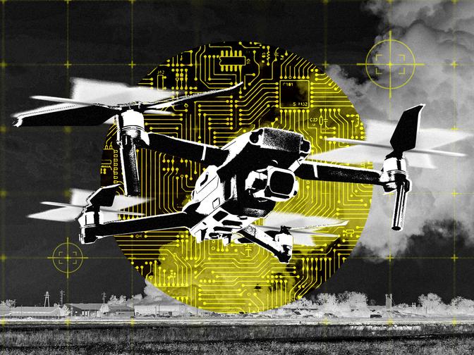 Eine Drohne fliegt vor einem von Krieg zerstörtem Hintergrund mit Schaltkreis-Motiv. Zielkreuz-Hervorhebung im Bild.