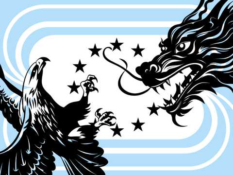 Eine Illustration mit einem Drachen und Adler die sich vor den EU Sternen bekämpfen.
