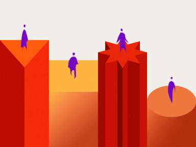 Abstraktes Bild mit violetten Figuren auf geometrischen roten und orangefarbenen Formen; zeigt einen Würfel, einen Stern und einen Zylinder vor einem Hintergrund mit Farbverlauf.