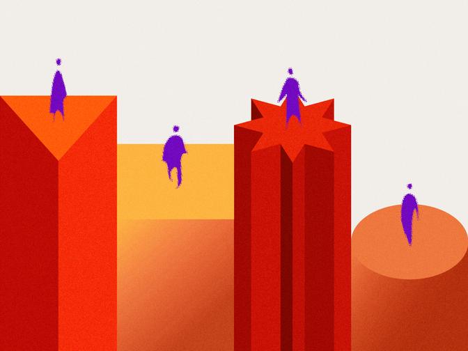 Abstraktes Bild mit violetten Figuren auf geometrischen roten und orangefarbenen Formen; zeigt einen Würfel, einen Stern und einen Zylinder vor einem Hintergrund mit Farbverlauf.
