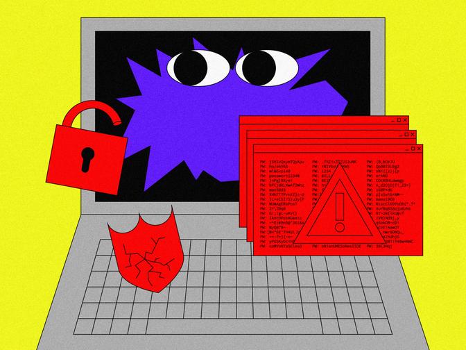 Ein Laptop mit einem Monstergesicht auf dem Bildschirm, roten Warnfenstern, einem zerbrochenen Schild und einem unverschlossenen Vorhängeschloss, das eine Sicherheitsverletzung symbolisiert.