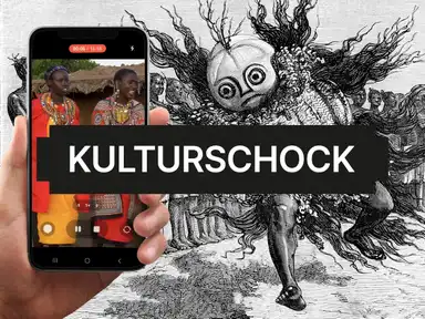 Hand hält Handy mit Bild von Personen, Im Vordergrund ist der Text: "Kulturschock" zu sehen.