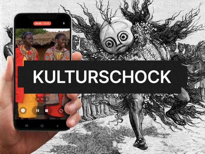 Hand hält Handy mit Bild von Personen, Im Vordergrund ist der Text: "Kulturschock" zu sehen.
