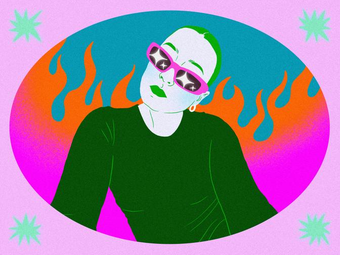 Illustration von Verena Bogner in bunten Farben mit Flammen im Hintergrund und einem Rahmen mit Sternen.