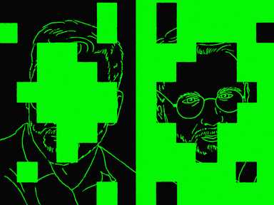 Zwei umrissene Gesichter, deren Teile durch pixelige grüne Blöcke verdeckt sind, vor einem schwarzen Hintergrund.