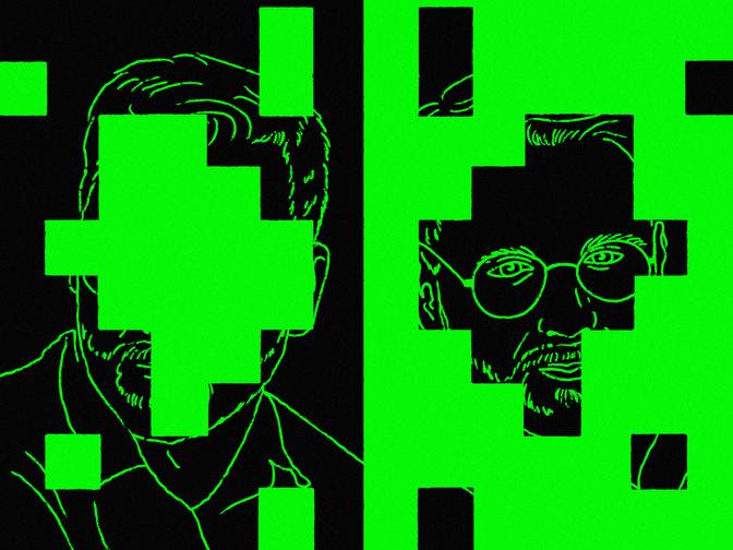 Zwei umrissene Gesichter, deren Teile durch pixelige grüne Blöcke verdeckt sind, vor einem schwarzen Hintergrund.