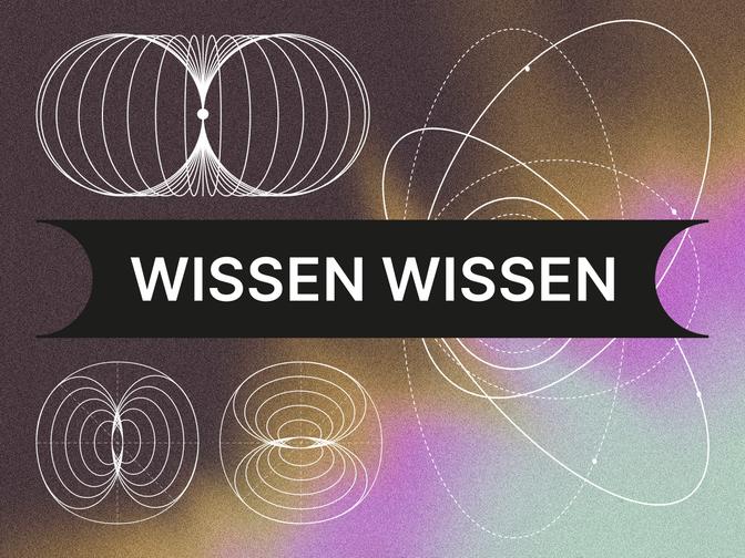 Abstraktes Design mit sich überlappenden weißen geometrischen Mustern auf einem Hintergrund mit Farbverlauf. Zentrales schwarzes Banner mit dem Text „WISSEN WISSEN“.