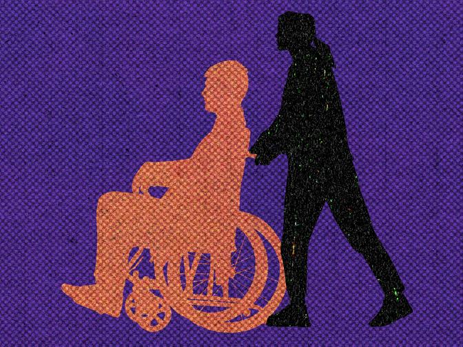 Silhouetten einer Person, die eine andere in einem Rollstuhl schiebt, auf einem strukturierten lila Hintergrund.