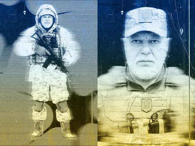 Stilisierte Portraits von Arkadij, Tschetschene, diente als junger Mann in der Roten Armee. Heute kämpft er für die Ukraine gegen Russland.
