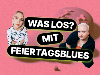 Sandra und Mimi. Im Hintergrund ein weinender Weihnachtskeks mit der Überschrift: "Was los? mit Feiertagsblues.