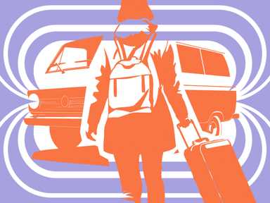 Illustration von Person mit Koffer die auf Auto zugeht