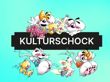 Cartoon characters with playful expressions and flowers, surrounding the word "KULTURSCHOCK" on a bright blue background.