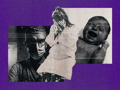 Eine Collage mit einer weinenenden schwangeren Frau, einem bedrohlich dreinblickenden Arzt und einem Baby.