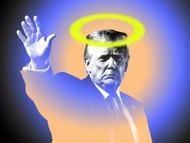 Trump mit einem leuchtenden Heiligenschein über dem Kopf, die vor einem leuchtend blauen und orangefarbenen Hintergrund die Hand ausstreckt.