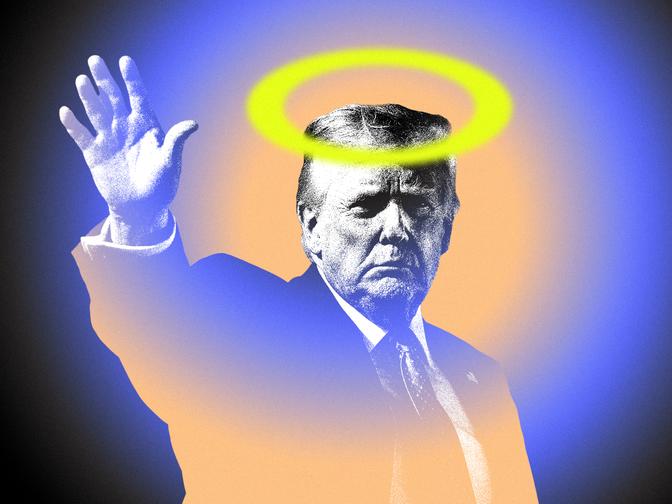 Trump mit einem leuchtenden Heiligenschein über dem Kopf, die vor einem leuchtend blauen und orangefarbenen Hintergrund die Hand ausstreckt.