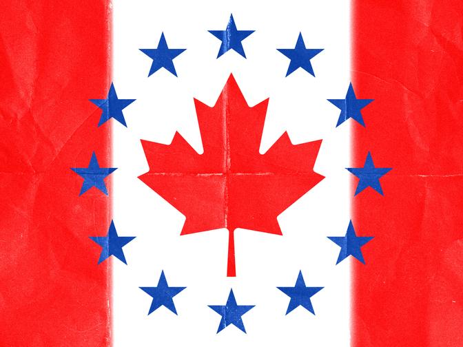 Flagge mit einem roten Ahornblatt und blauen EU-Sternen auf rotem und weißem Hintergrund.