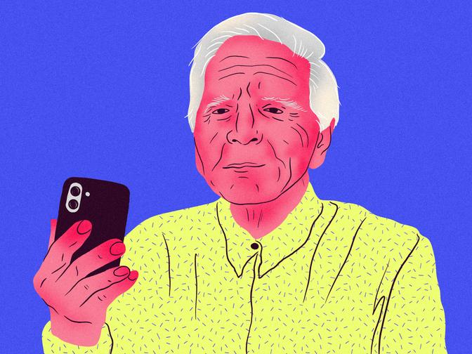 Illustration eines älteren Mannes mit weißem Haar, der ein gelb gemustertes Hemd trägt und vor einem blauen Hintergrund auf ein Smartphone schaut.