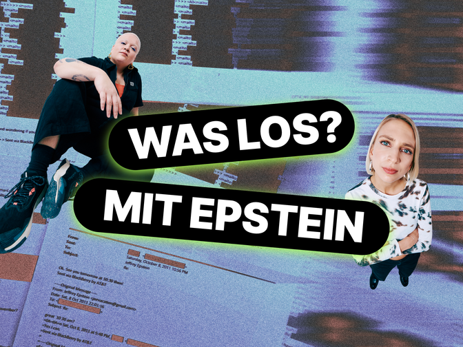 Sandra und Mimi mit dem Titel "Was los? mit Epstein" im Hintergrund ein Bild von den Epstein-Files.
