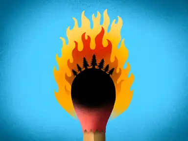 Ein brennendes Streichholz mit Flammen in Form von Bäumen auf einem blauen Hintergrund, symbolisiert Waldbrände.
