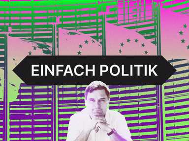 Mann mit gefalteten Händen, sitzend vor einer stilisierten Kulisse von Fahnen der Europäischen Union. Der Text lautet „EINFACH POLITIK“.