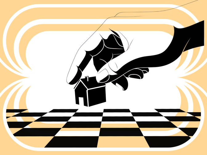 Illustration: Eine Hand platziert ein Haus auf einem gerastertem Spielbrett.