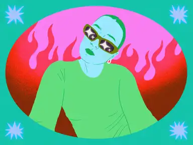 Illustration von Verena Bogner in bunten Farben mit Flammen im Hintergrund und einem Rahmen mit Sternen.