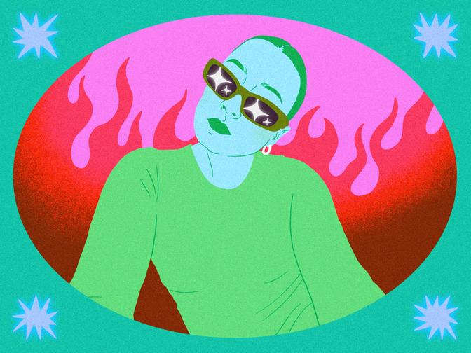 Illustration von Verena Bogner in bunten Farben mit Flammen im Hintergrund und einem Rahmen mit Sternen.