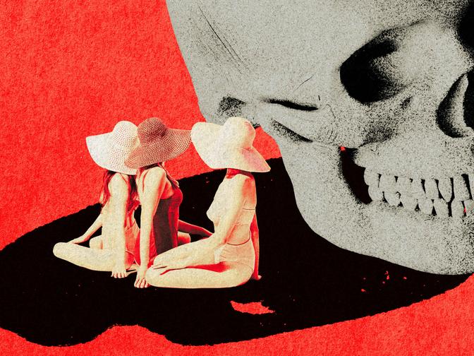 Illustration von Personen in Strandkleidung, die im Schatten eines riesigen Totenkopfs liegen.