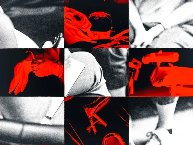 Bildcollage von gynäkologischen Instrumenten und Ärzten