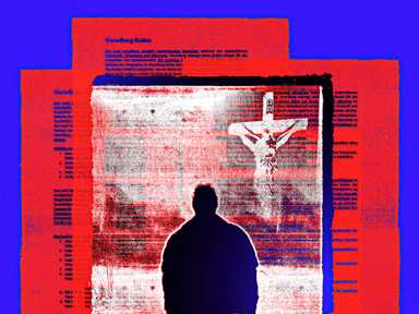 Eine Collage aus Dokumenten und einer Person, die vor einem Kreuz steht
